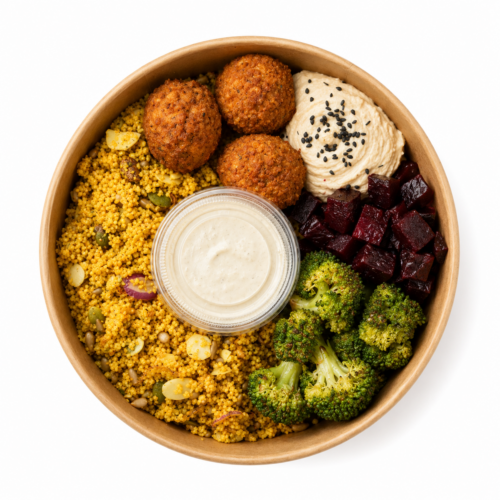 Barquette Greenz de taboulé avec falafels de patate douce, houmous et légumes rôtis