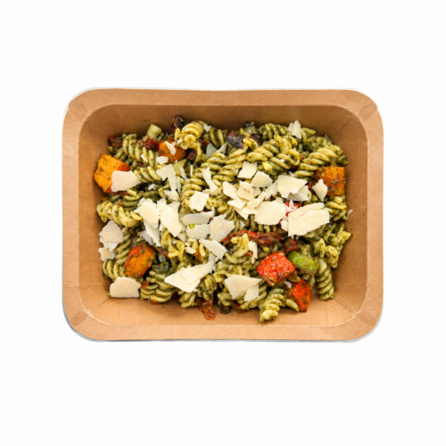 Salade de fusilli Greenz au pesto, potiron rôti, champignons et parmesan